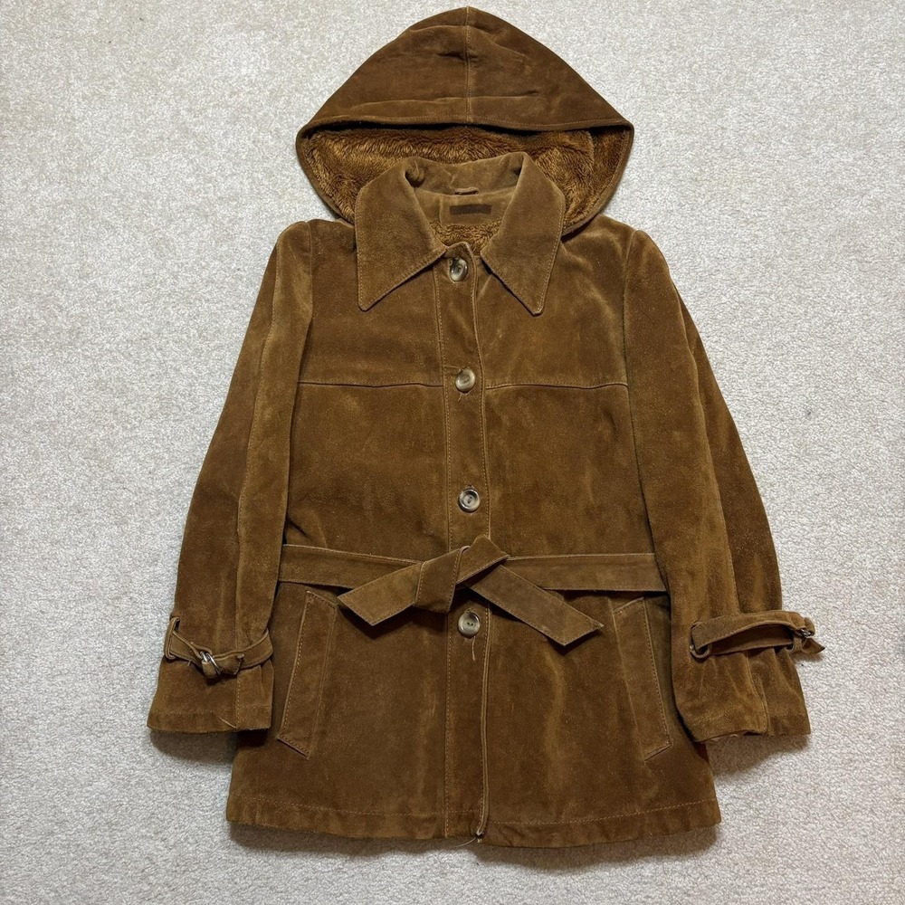 Vtg AMBE Suede Leather Jacket Womens S 6/8 Hooded Belted Faux Fur Lined 60s 70s